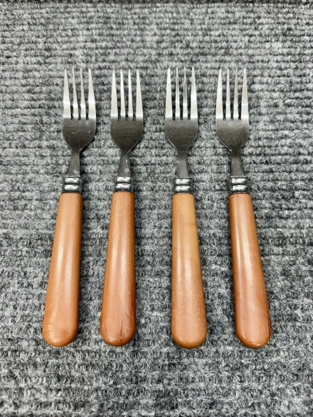 Faberware Silverware Lot Of 4 Table Forks Faux Wood Brown Handle Set Vintage